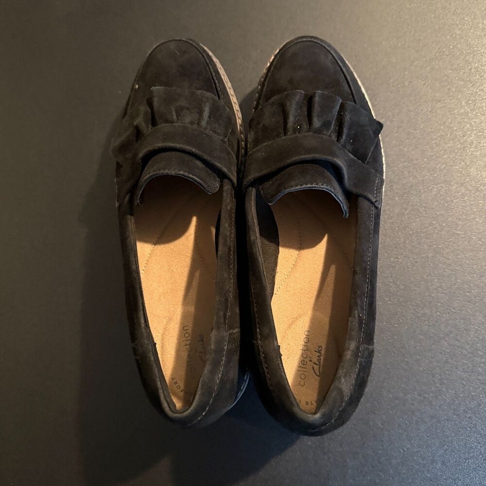 Clark's Collection Women's Airabell Wedge Slip On Suede Ruffle Loafers Black 10 - Picture 6 of 9